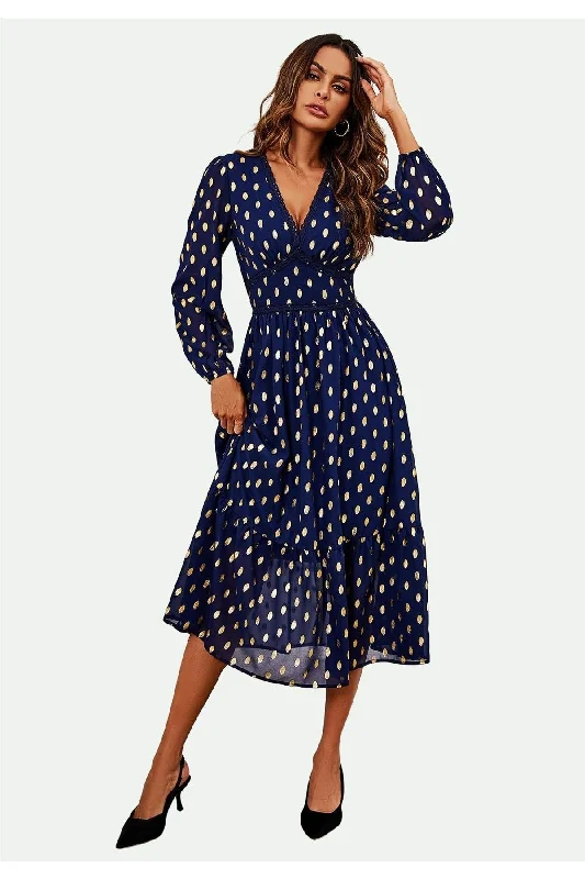 FS Collection Lace Trim Foil Long Sleeve Maxi Dress In Navy Stylish Maxi Dress with Frills FS Collection Lace Trim Foil Long Sleeve Maxi Dress In Navy Stylish Maxi Dress with Frills