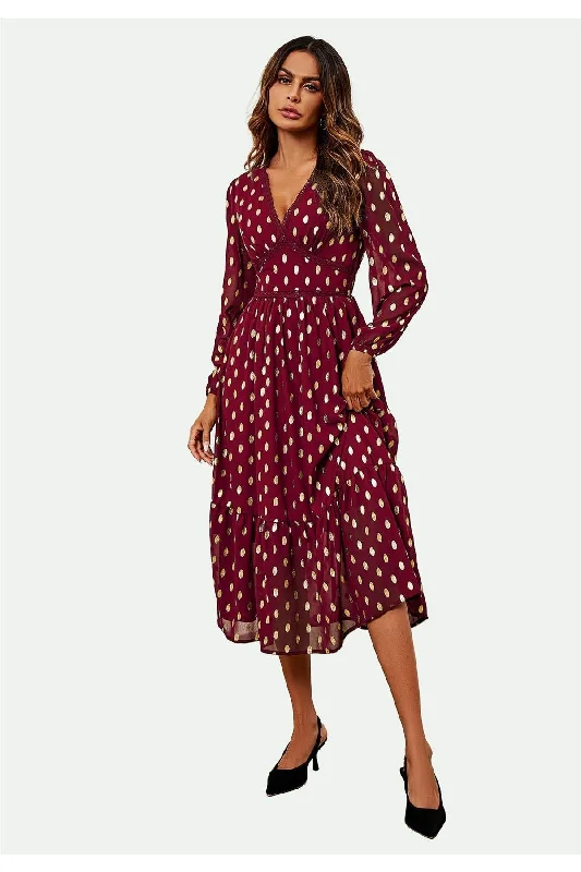 FS Collection Lace Trim Foil Long Sleeve Maxi Dress In Wine Classic A-Line Maxi Dress FS Collection Lace Trim Foil Long Sleeve Maxi Dress In Wine Classic A-Line Maxi Dress