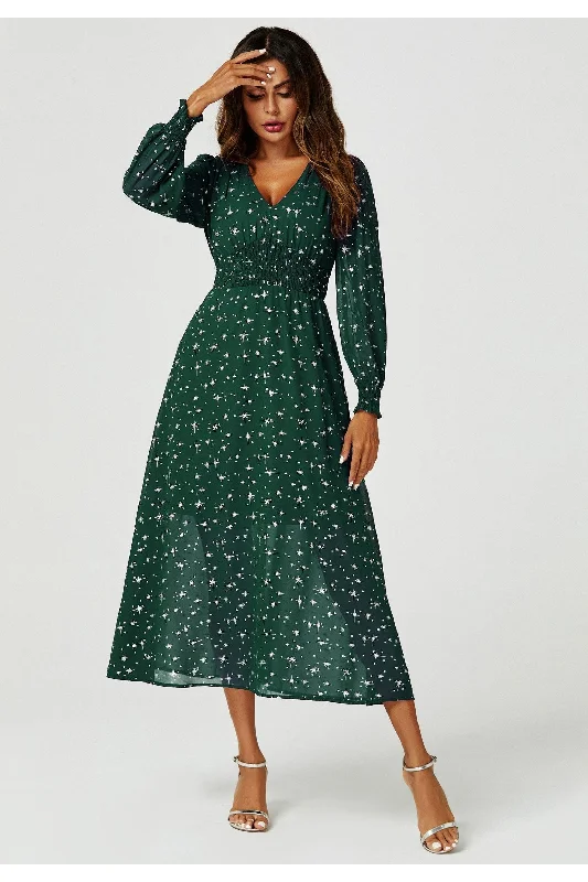 FS Collection Silver Star Foil Long Sleeve Maxi Dress In Green Comfortable Fitted Maxi Dress FS Collection Silver Star Foil Long Sleeve Maxi Dress In Green Comfortable Fitted Maxi Dress