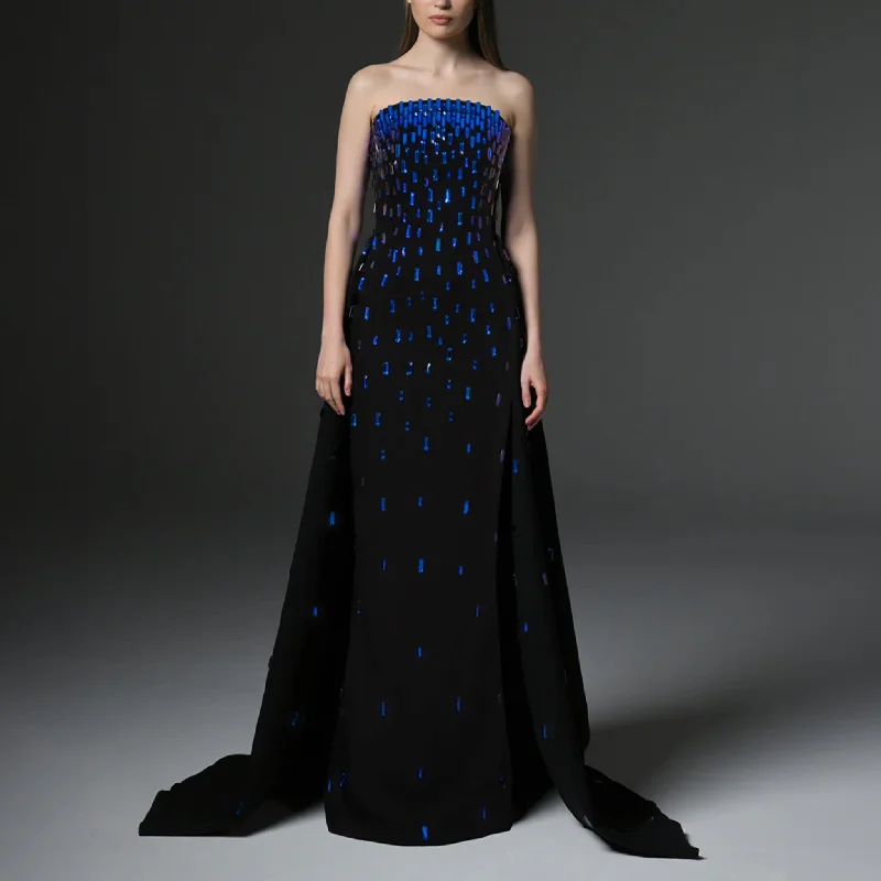 Fully Embroidered Black Crepe Dress With Overskirt