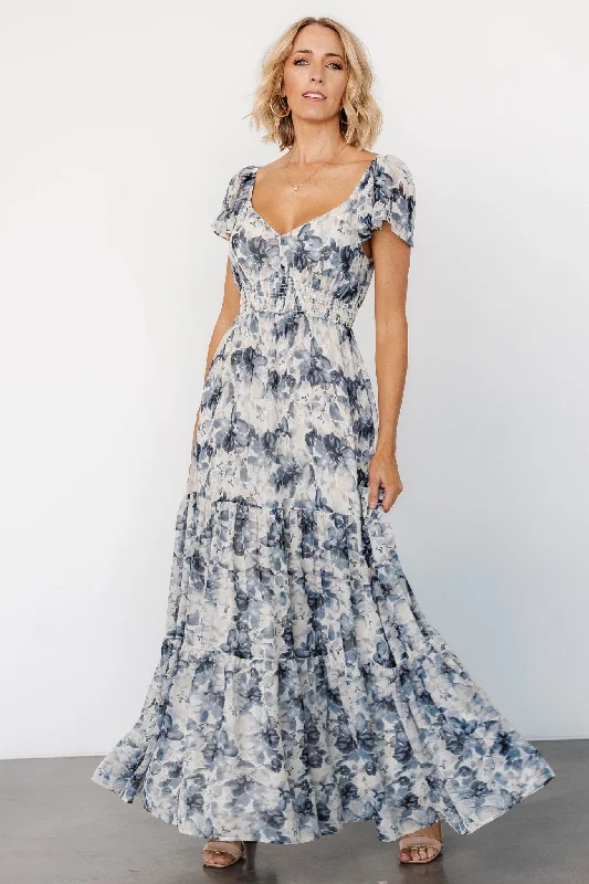 Genevive Maxi Dress | Cream + Blue Floral Stylish Boho Maxi Dress