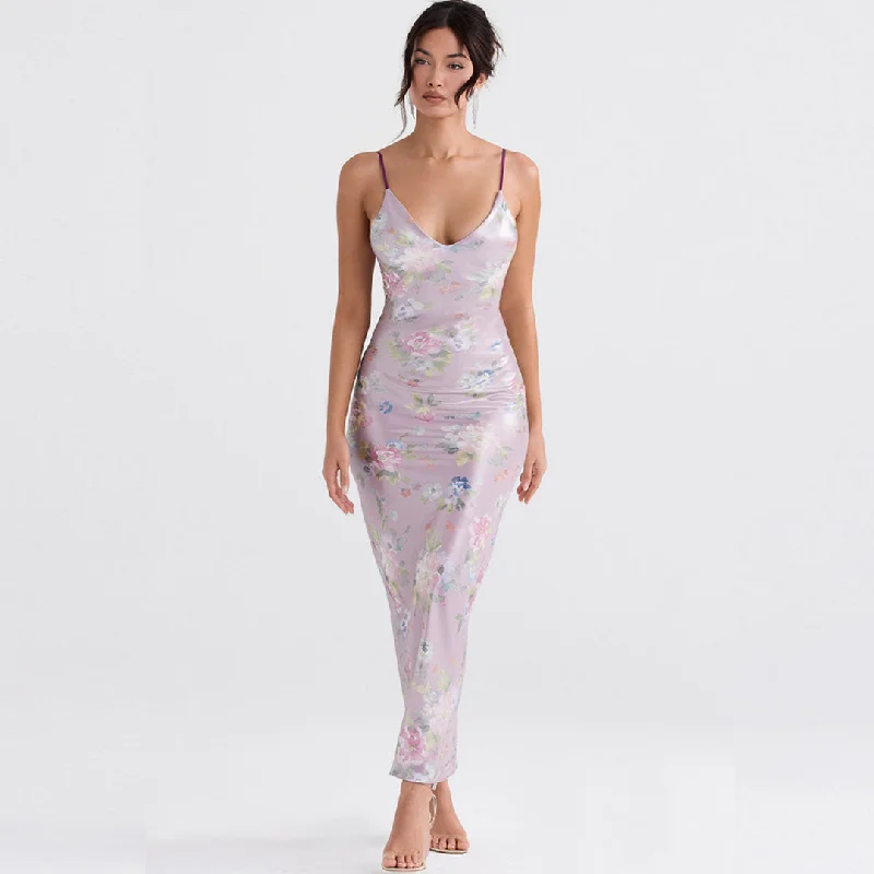 BerryBetty - Flower Print V Neck Sleeveless Bodycon Maxi Dress - Pink Elegant Silk Maxi Dress