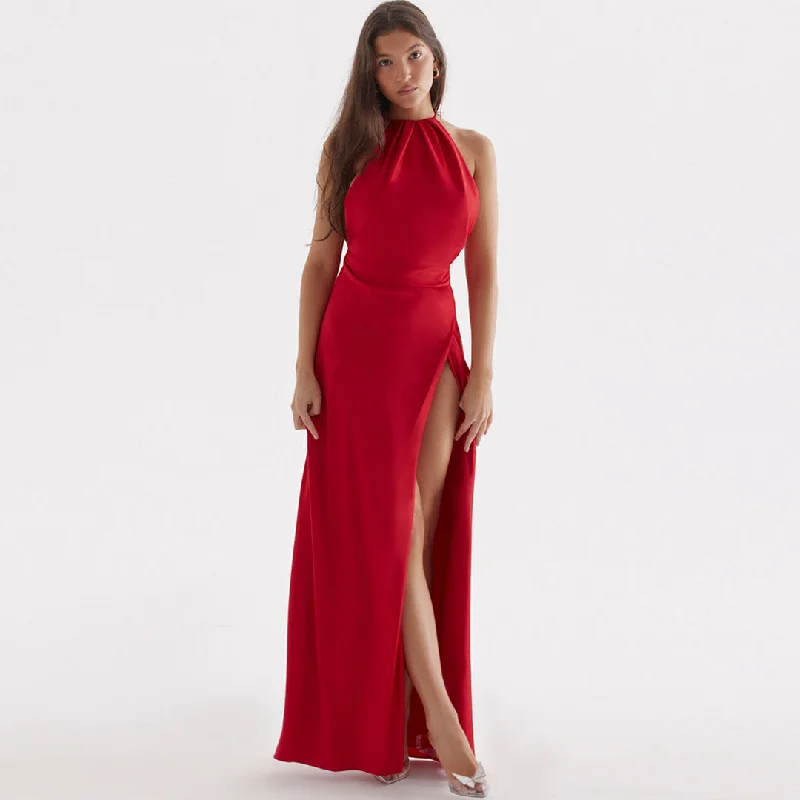 BerryBetty - High Split Sleeveless Evening Maxi Dress - Red Cozy Ruffle Sleeve Maxi Dress