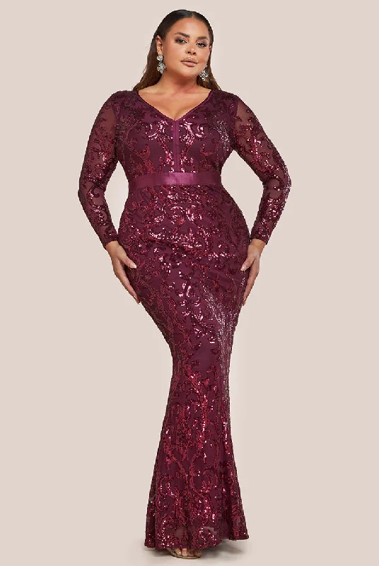 Goddiva Plus Embroidered Sequin & Mesh Maxi Dress - Burgundy Fashionable Halter Neck Maxi Dress Goddiva Plus Embroidered Sequin & Mesh Maxi Dress - Burgundy Fashionable Halter Neck Maxi Dress