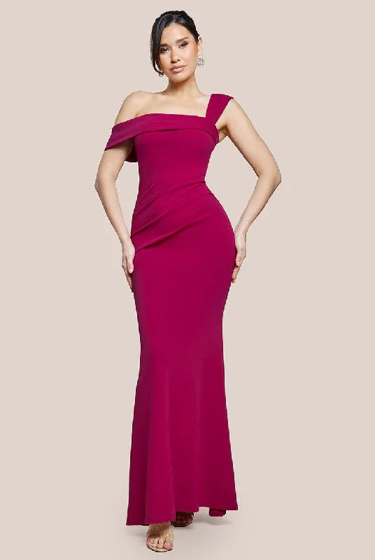 Goddiva Off The Shoulder Pleated Waist Maxi Dress - Berry Fashionable Halter Neck Maxi Dress Goddiva Off The Shoulder Pleated Waist Maxi Dress - Berry Fashionable Halter Neck Maxi Dress