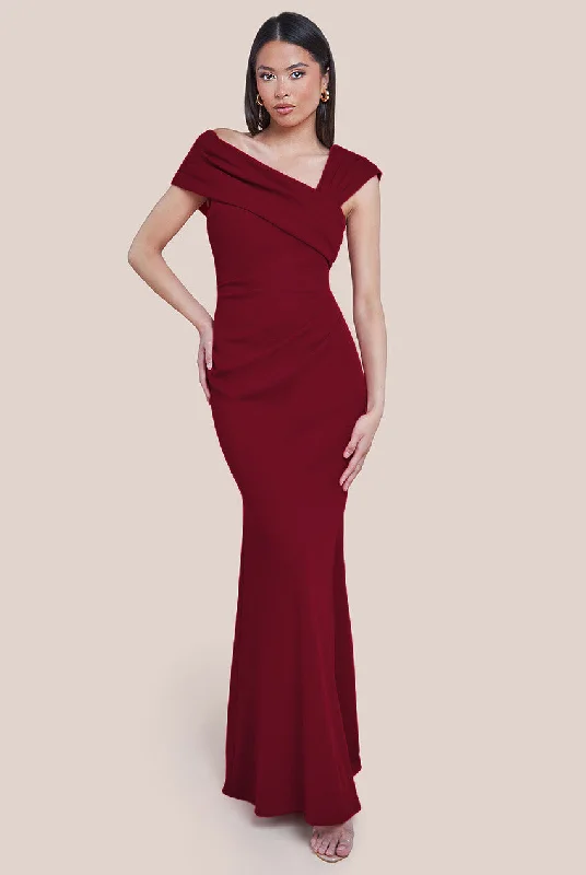 Goddiva One Shoulder Evening Maxi Dress - Wine Elegant Maxi Dress with Belt
