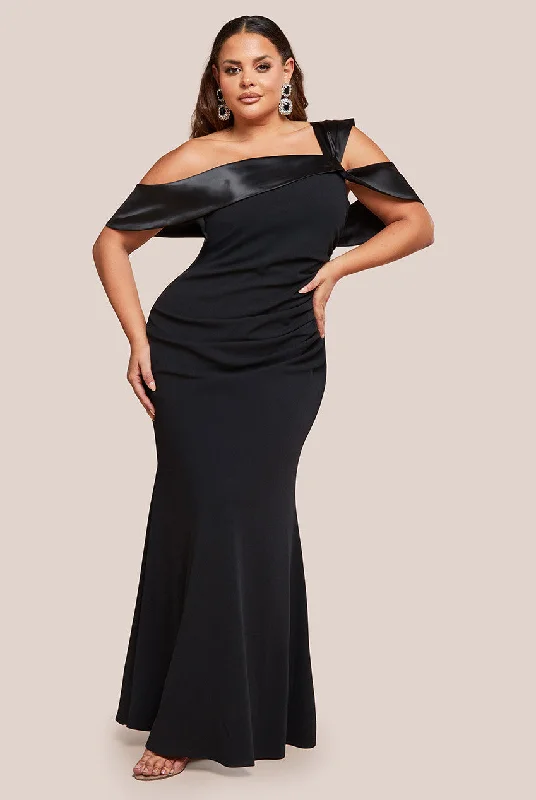 Goddiva Plus One Shoulder Satin Band Maxi Dress - Black Comfortable Maxi Dress with Belt Goddiva Plus One Shoulder Satin Band Maxi Dress - Black Comfortable Maxi Dress with Belt
