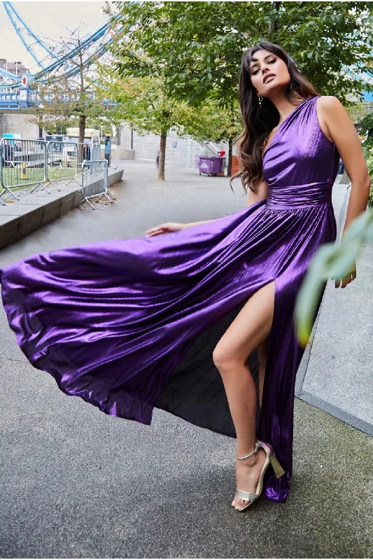 Goddiva One Shoulder Slinky Foil Flared Maxi Dress - Purple Fashionable Open-Back Maxi Dress Goddiva One Shoulder Slinky Foil Flared Maxi Dress - Purple Fashionable Open-Back Maxi Dress