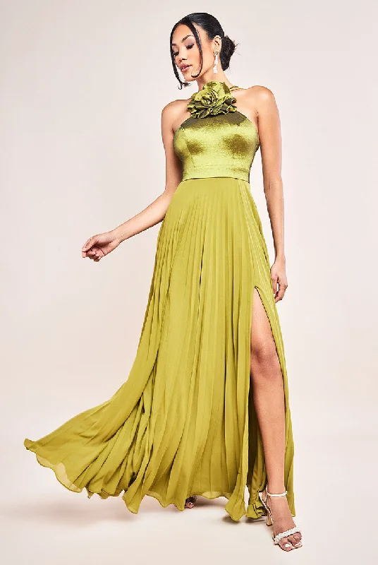 Goddiva Pleated Chiffon Corsage Halter Strappy Maxi Dress - Olive Green Stylish A-Line Maxi Dress Goddiva Pleated Chiffon Corsage Halter Strappy Maxi Dress - Olive Green Stylish A-Line Maxi Dress