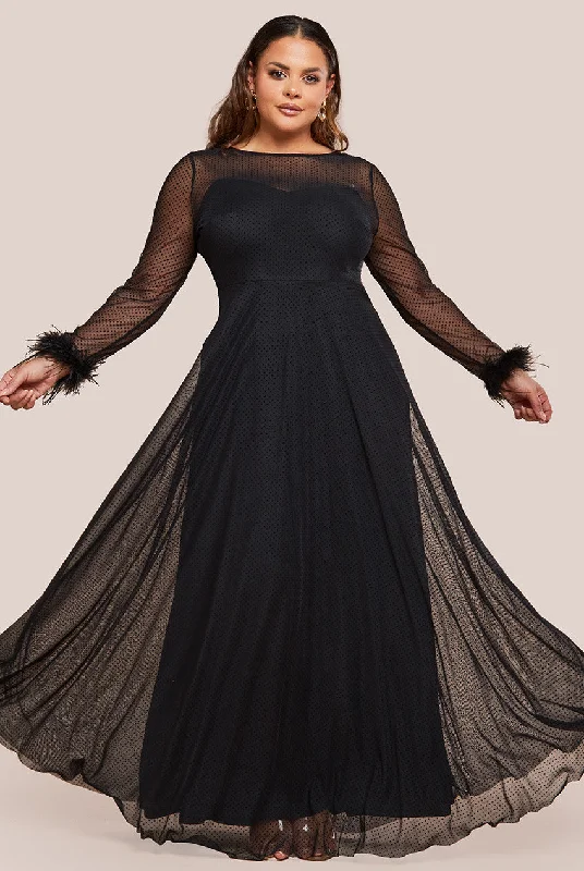 Goddiva Plus Dobby Mesh Feather Sleeve Hem Maxi Dress - Black Classic V-Neck Maxi Dress Goddiva Plus Dobby Mesh Feather Sleeve Hem Maxi Dress - Black Classic V-Neck Maxi Dress