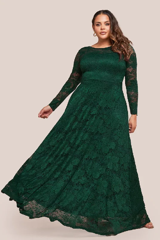 Goddiva Plus Scalloped Lace A-Line Maxi Dress - Emerald Green Elegant Maxi Dress with Drapes Goddiva Plus Scalloped Lace A-Line Maxi Dress - Emerald Green Elegant Maxi Dress with Drapes