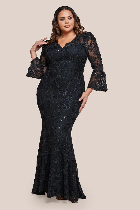 Goddiva Plus Scalloped Lace Maxi Dress - Black Cozy Maxi Dress with Slit