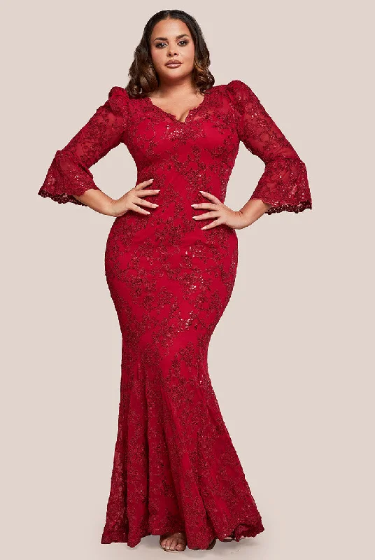 Goddiva Plus Scalloped Lace Maxi Dress - Red Stylish A-Line Maxi Dress