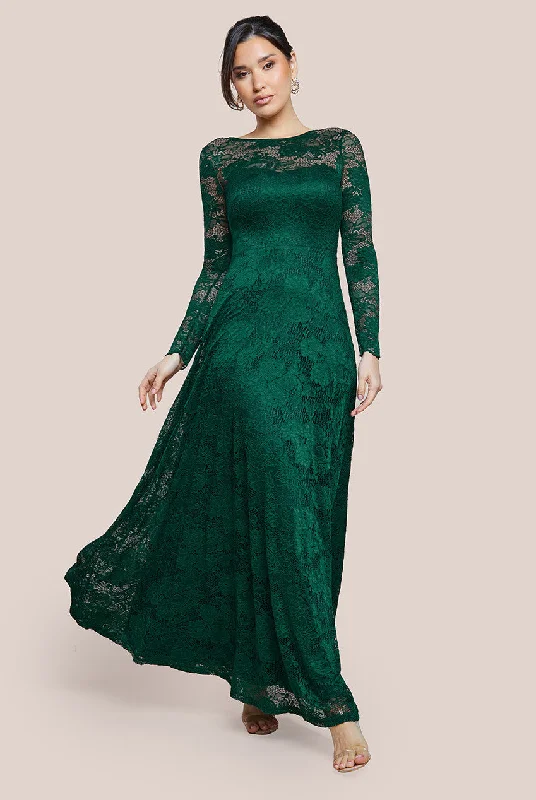 Goddiva Scalloped Lace A-Line Maxi Dress - Emerald Green Fashionable Open-Back Maxi Dress Goddiva Scalloped Lace A-Line Maxi Dress - Emerald Green Fashionable Open-Back Maxi Dress