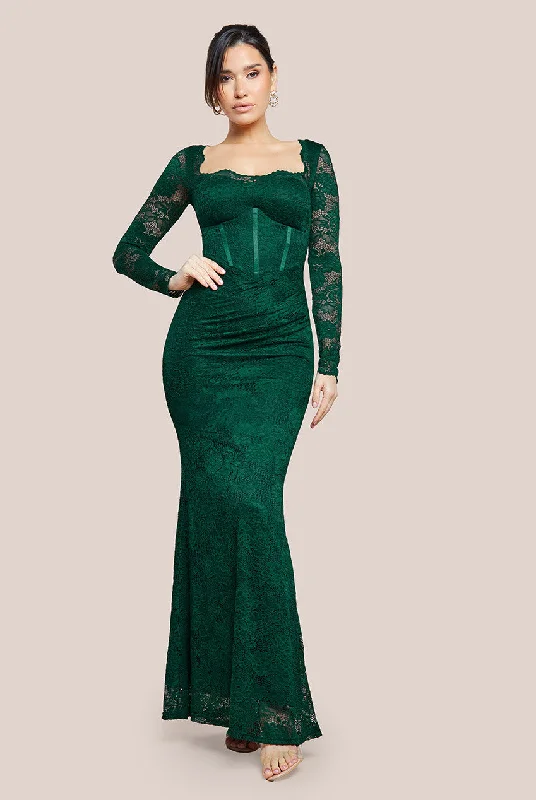 Goddiva Scalloped Lace Corset Bodice Maxi Dress - Emerald Green Comfortable Casual Maxi Dress Goddiva Scalloped Lace Corset Bodice Maxi Dress - Emerald Green Comfortable Casual Maxi Dress