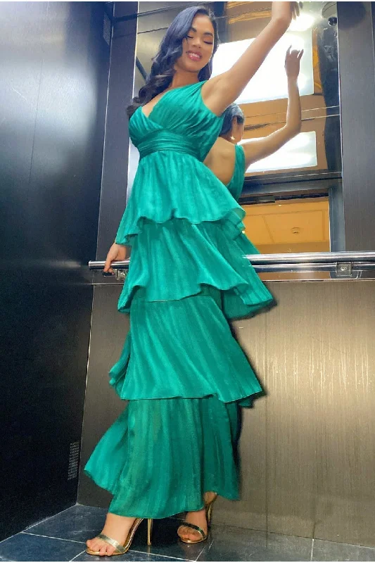 Goddiva Tiered Chiffon Maxi Dress - Emerald Elegant Maxi Dress with Slit