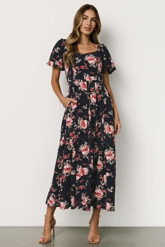 Greta Pleated Maxi Dress | Navy + Pink Floral Comfortable T-Shirt Maxi Dress