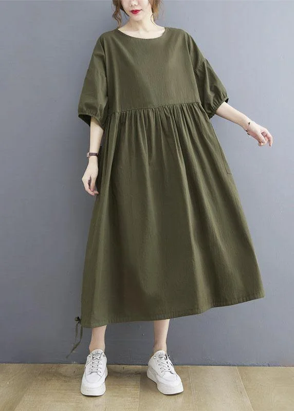 Handmade Army Green Cinched O Neck Vacation Dresses Puff Sleeve