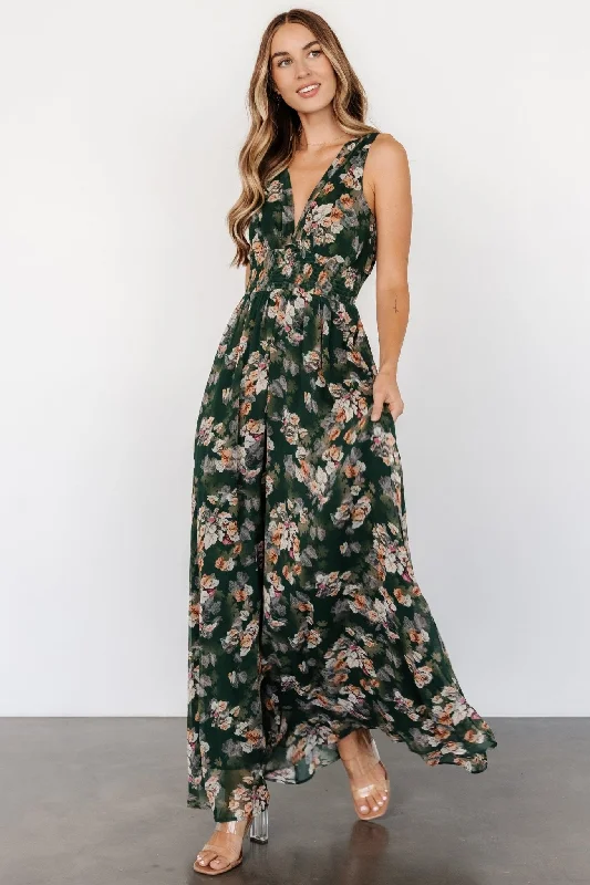 Imogen Maxi Dress | Deep Green Multi Comfortable Satin Maxi Dress