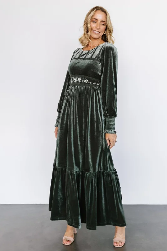 Ingrid Velvet Maxi Dress | Eucalyptus Stylish Maxi Dress with Frills