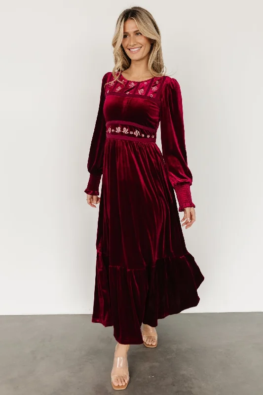 Ingrid Velvet Maxi Dress | Merlot Elegant Tiered Maxi Dress