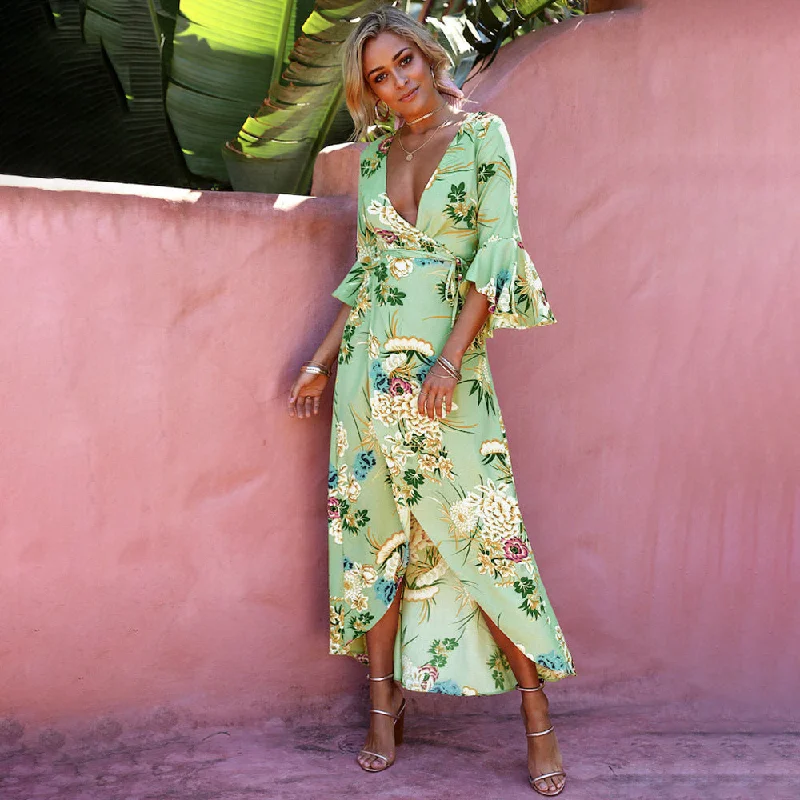 Israella Floral Wrap Maxi Dress - Sage - FINAL SALE Trendy Ruffled Maxi Dress