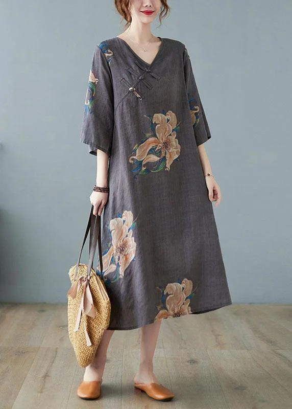 Italian Grey Asymmetrical Design Button Summer A Line Half Sleeve Vacation Dresses