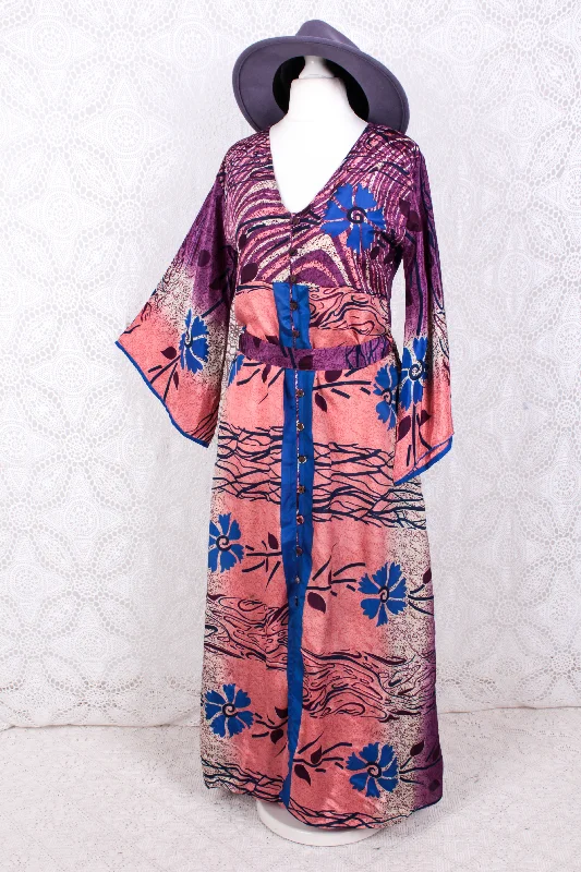 Jasmine Maxi Dress - Plum, Salmon & Azure Floral Ripple Vintage Sari - Size S/M Fashionable High-Low Maxi Dress Jasmine Maxi Dress - Plum, Salmon & Azure Floral Ripple Vintage Sari - Size S/M Fashionable High-Low Maxi Dress