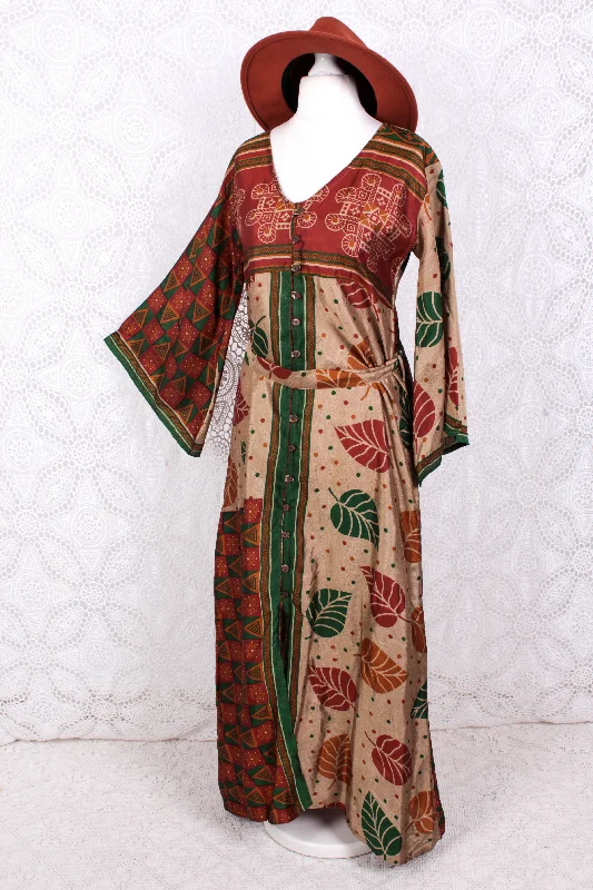 Jasmine Maxi Dress - Forest, Antique Silver & Terracotta Leaf Vintage Sari - Size S/M Cozy Ruffle Sleeve Maxi Dress Jasmine Maxi Dress - Forest, Antique Silver & Terracotta Leaf Vintage Sari - Size S/M Cozy Ruffle Sleeve Maxi Dress