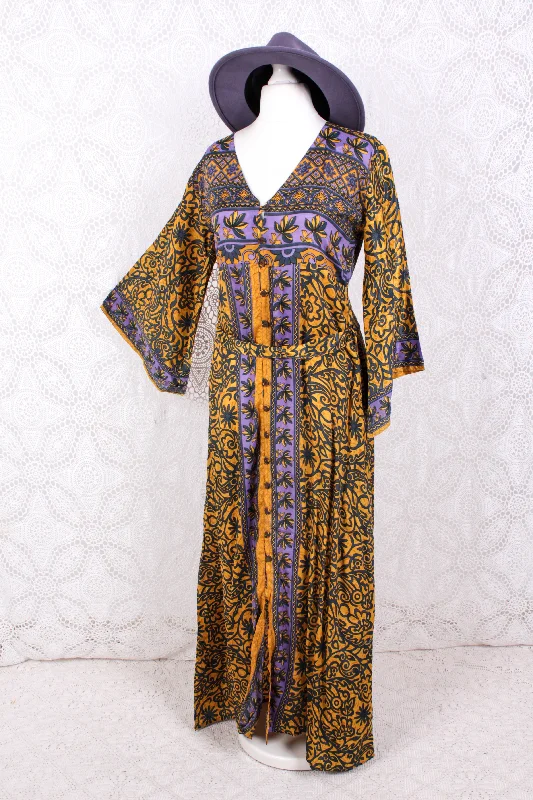 Jasmine Maxi Dress - Lemon & Lavender Flora Nouveau Vintage Sari - Size S/M Elegant Lace Maxi Dress Jasmine Maxi Dress - Lemon & Lavender Flora Nouveau Vintage Sari - Size S/M Elegant Lace Maxi Dress