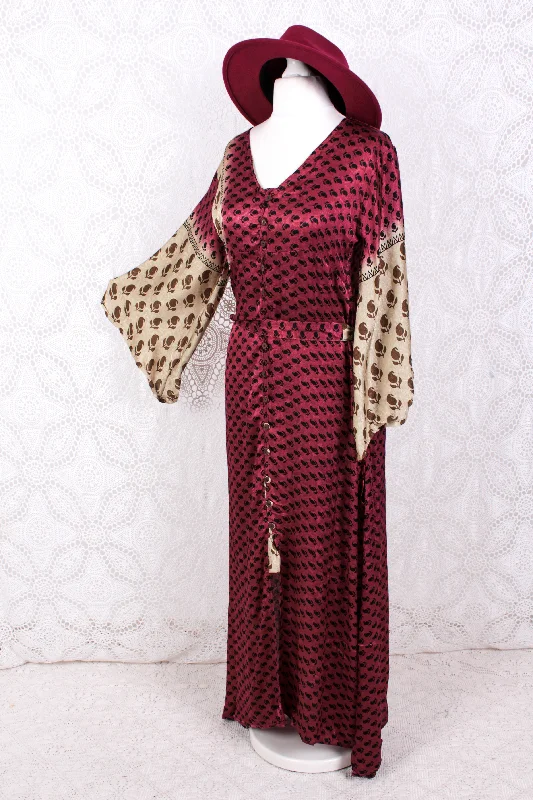 Jasmine Maxi Dress- Sangria, Gold & Ivory Shimmery Fleur De Lis Vintage Sari - Size S/M Classic A-Line Maxi Dress Jasmine Maxi Dress- Sangria, Gold & Ivory Shimmery Fleur De Lis Vintage Sari - Size S/M Classic A-Line Maxi Dress