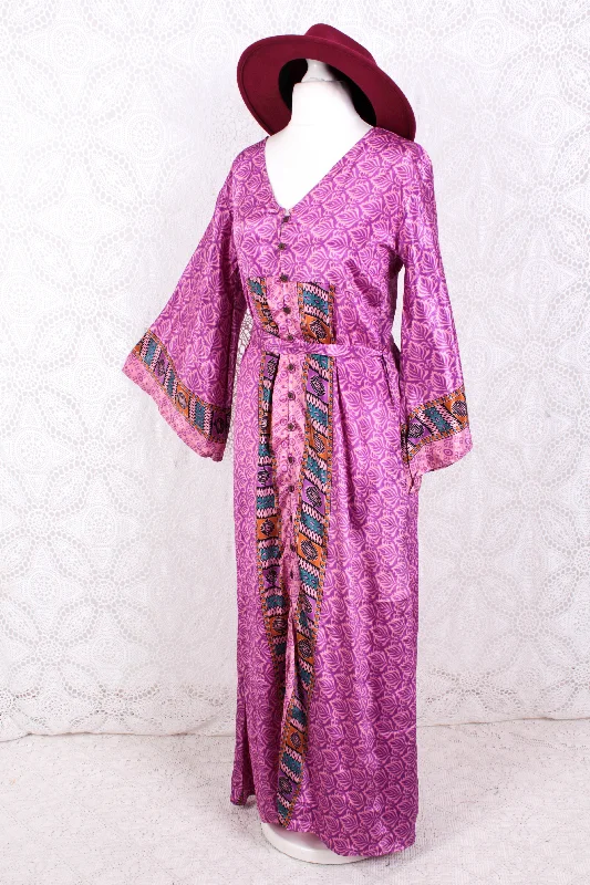 Jasmine Maxi Dress - Pink & Purple Vintage Sari - Size S/M Comfortable Long-Sleeve Maxi Dress Jasmine Maxi Dress - Pink & Purple Vintage Sari - Size S/M Comfortable Long-Sleeve Maxi Dress