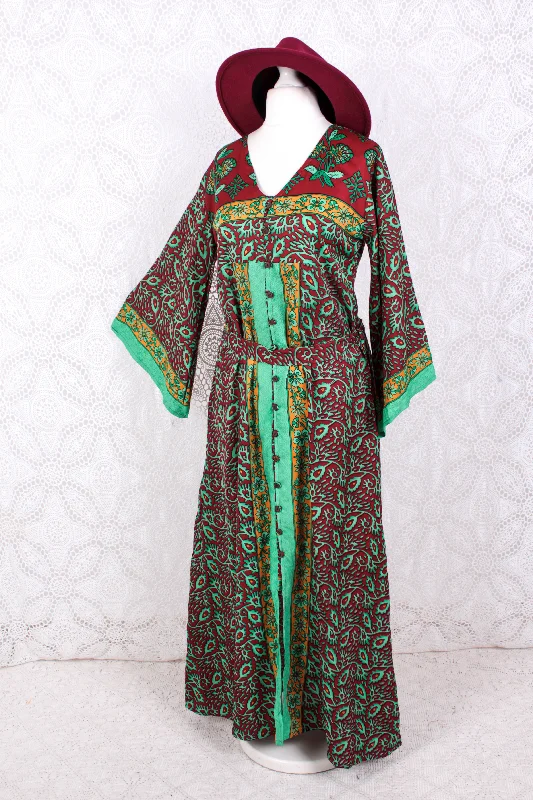 Jasmine Maxi Dress - Parakeet, Berry & Dandelion Flora Nouveau Vintage Sari - Size S/M Chic Boho Print Maxi Dress Jasmine Maxi Dress - Parakeet, Berry & Dandelion Flora Nouveau Vintage Sari - Size S/M Chic Boho Print Maxi Dress