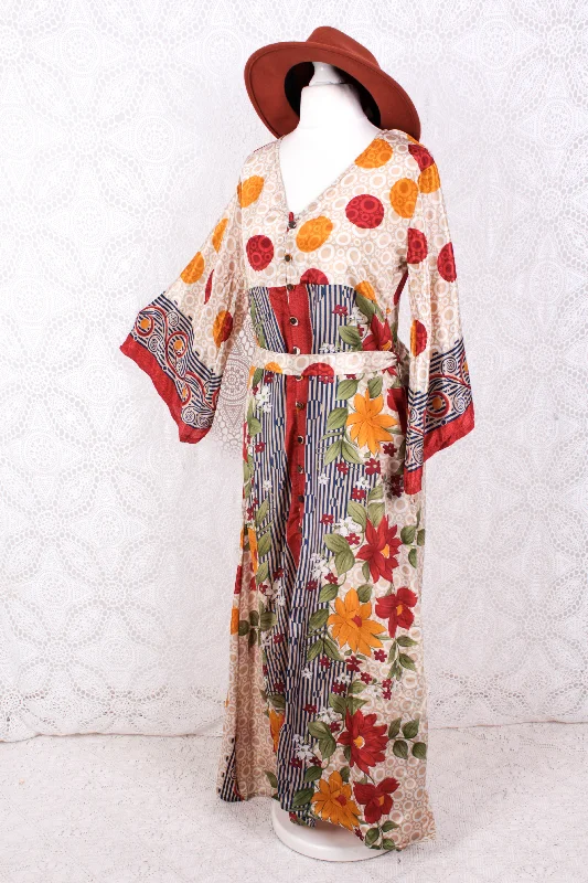 Jasmine Maxi Dress - Cherry, Prussian, & Mustard Floral Vintage Sari - Size S/M Fashionable Chiffon Maxi Dress Jasmine Maxi Dress - Cherry, Prussian, & Mustard Floral Vintage Sari - Size S/M Fashionable Chiffon Maxi Dress
