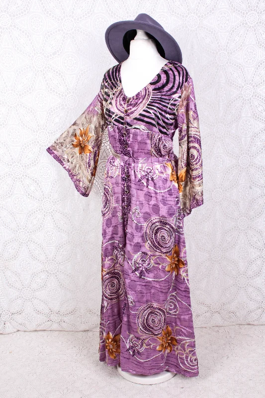 Jasmine Maxi Dress - Mauve Shimmer Floral Vintage Sari - Size S/M Stylish V-Neck Maxi Dress Jasmine Maxi Dress - Mauve Shimmer Floral Vintage Sari - Size S/M Stylish V-Neck Maxi Dress