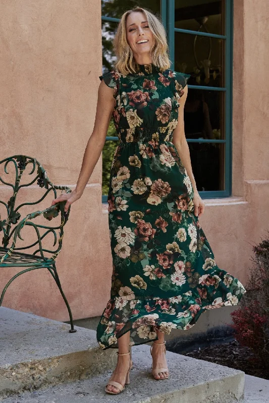 Kearny Ruffle Maxi Dress | Dark Green Floral Classic Black Maxi Dress