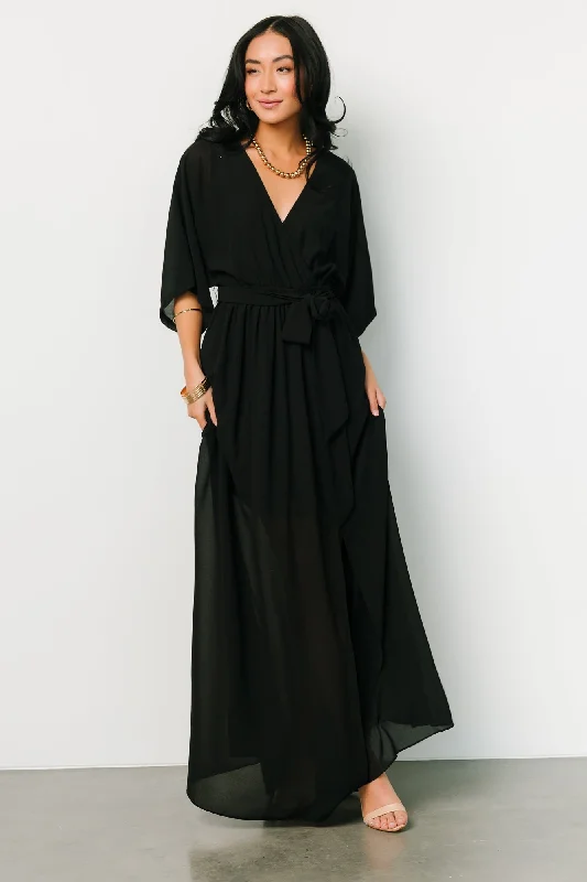 Kia Kimono Maxi Dress | Black Trendy Maxi Dress with Straps