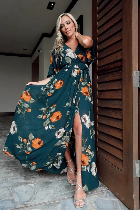Kia Kimono Maxi Dress | Deep Topaz Floral Fashionable Halter Neck Maxi Dress