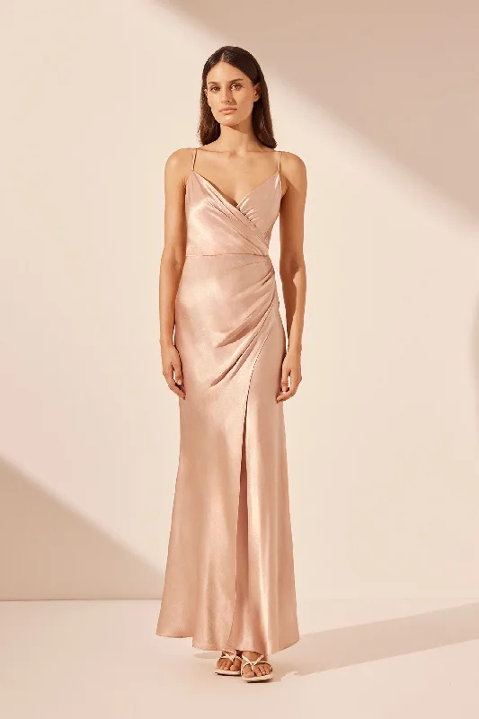 LA LUNE CROSS DRAPED MAXI DRESS - DESERT ROSE Comfortable Long-Sleeve Maxi Dress