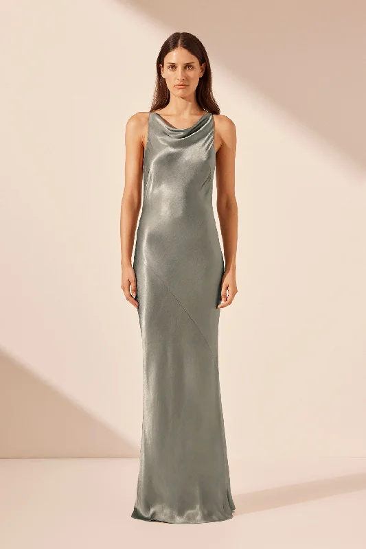 LA LUNE HIGH NECK COWL MAXI DRESS - SAGE Cozy Maxi Dress with Slit