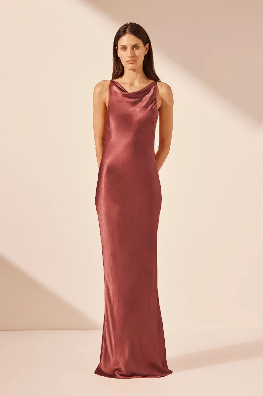 LA LUNE HIGH NECK COWL MAXI DRESS - TERRACOTTA Stylish A-Line Maxi Dress