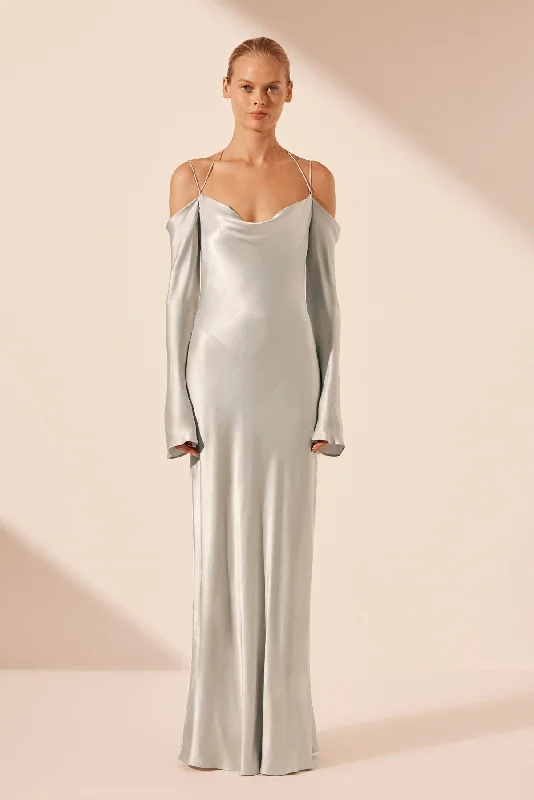 LA LUNE OFF SHOULDER TIE MAXI DRESS - SILVER Comfortable Casual Maxi Dress