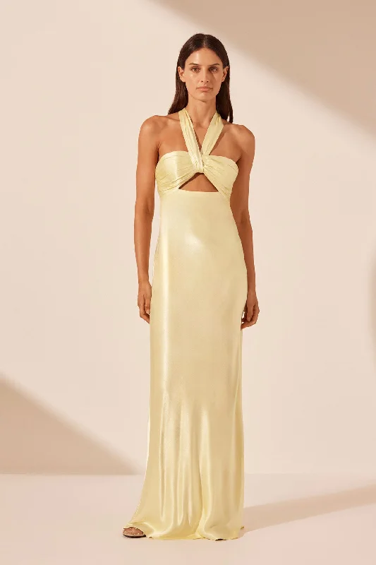 LA LUNE RUCHED HALTER MAXI DRESS - LEMON Fashionable Sheer Maxi Dress