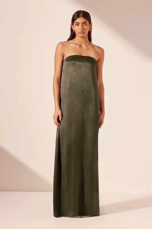 LA LUNE STRAPLESS COLUMN MAXI DRESS - FOREST Stylish Button-Up Maxi Dress