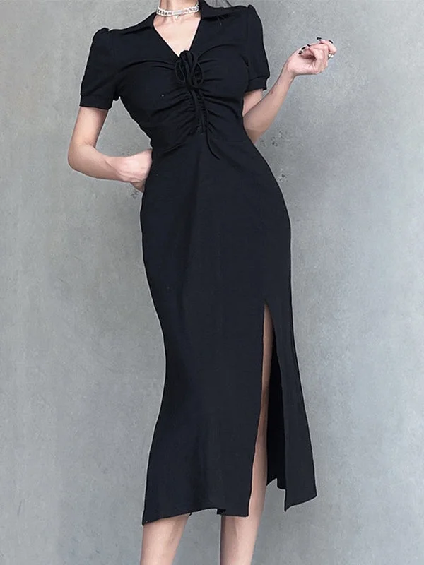 BerryBetty - Lace Up Slit Knitted Black Maxi Dress Elegant Tiered Maxi Dress