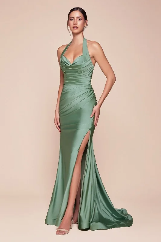 Ladivine CD796C Dress Stretch Satin Halter Fitted Curve Gown