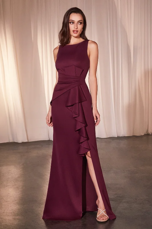 Ladivine CH377 Long Fitted Neoprene Burgundy Dress
