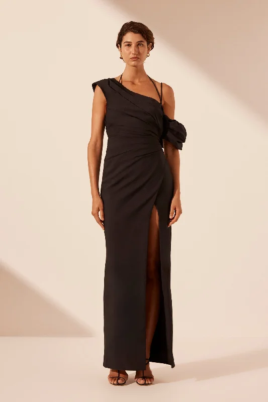 LANI ASYMMETRICAL DRAPED MAXI DRESS - BLACK Classic Strapless Maxi Dress