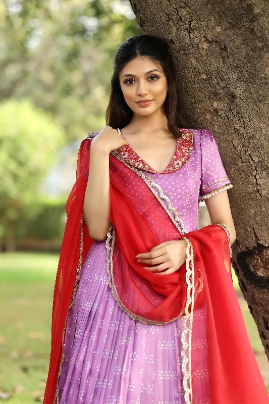 Lavender Bandhani Silk Pattu Anarkali Dress