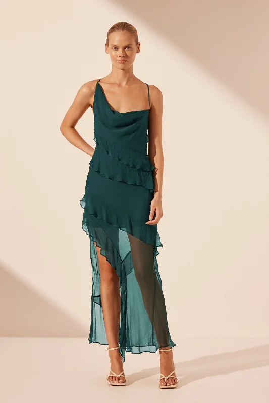 LAYLA ASYMMETRICAL RUFFLE MAXI DRESS - DARK TEAL Trendy Floral Print Maxi Dress